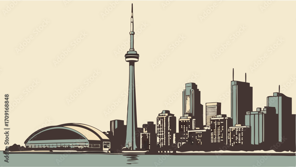 Obraz premium Retro Cityscape Illustration Tall Tower and Modern Buildings by the Water.