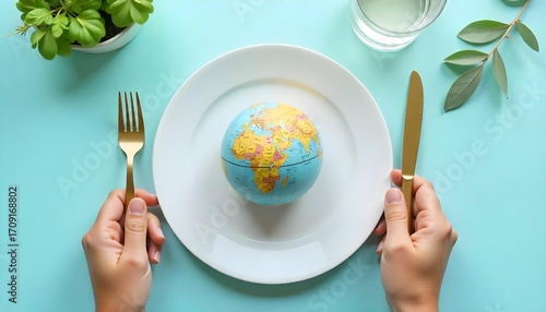 World map displayed on a plate with fork and knife, set against a blue backdrop for World Food Day awareness