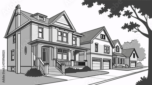 Residential houses on a suburban street grayscale illustration home design architecture drawing real estate image.