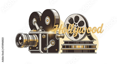 Retro vector of an old camera and film reels, Hollywood style.