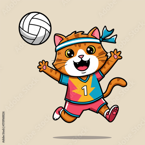A joyful cartoon cat leaps mid-air in a sporty blue and pink outfit with a lightning bolt design, ready to hit a volleyball, set against a beige background.