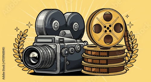 Retro vector of an old camera and film reels, Hollywood style.