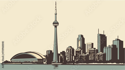 Retro Cityscape Illustration Tall Tower and Modern Buildings by the Water.