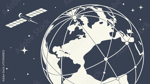 Satellite orbiting Earth global communication space exploration technology background illustration.