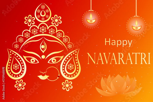 Happy Navratri Festival Background Design with Writing Navratri Text Typography, Navratri or Durga Puja creative design illustration, Shubh Navratri. dipak, diya