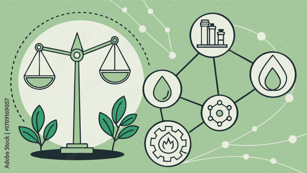 Obraz premium Scales of Justice Green Energy Sustainable Technology Environmental Balance Eco-Friendly Industry Corporate Social Responsibility Clean Energy Solutions Diagram Infographic.