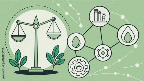 Scales of Justice Green Energy Sustainable Technology Environmental Balance Eco-Friendly Industry Corporate Social Responsibility Clean Energy Solutions Diagram Infographic.