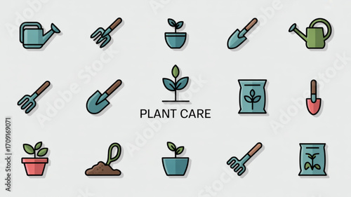 Gardening tools and plant care vector icons set for garden maintenance and horticulture equipment collection