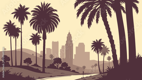 Silhouette of palm trees and city skyline at sunset tropical landscape illustration.