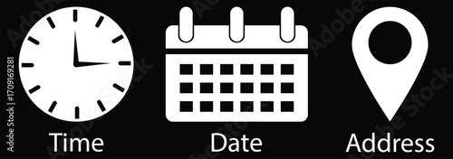 Calendar, Location pin, Clock icons. Event icon set. Address, time, date symbols vector. Clock, pin map location, and calendar signs set. Business schedule icons clock calendar. eps 10