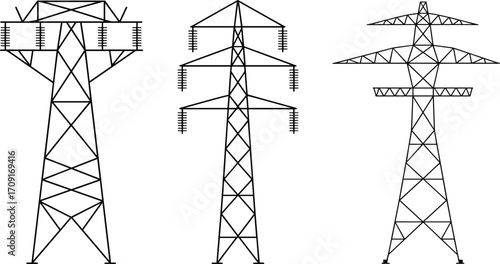 High voltage electricity transmission tower vector illustration, power line pylon structure design, energy distribution grid infrastructure, industrial electric utility engineering concept art