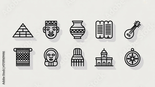 Cultural heritage icons vector set: pyramid, mask, vase, scroll, instrument, carpet, building and compass
