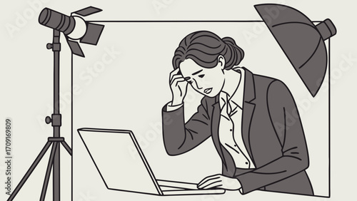 Stressed businesswoman working on laptop in studio setting with lighting equipment.