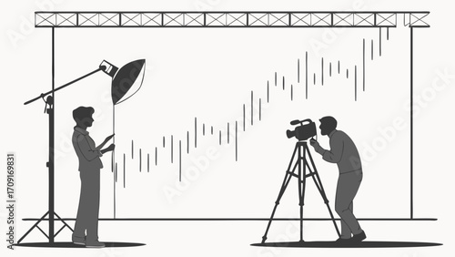 Studio filming cameraman and lighting technician video production film set movie making broadcast television cinematography video shooting professional crew behind the scenes film indu.