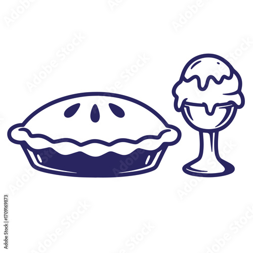 Delicious dark blue vector illustration of a fruit pie and ice cream sundae dessert