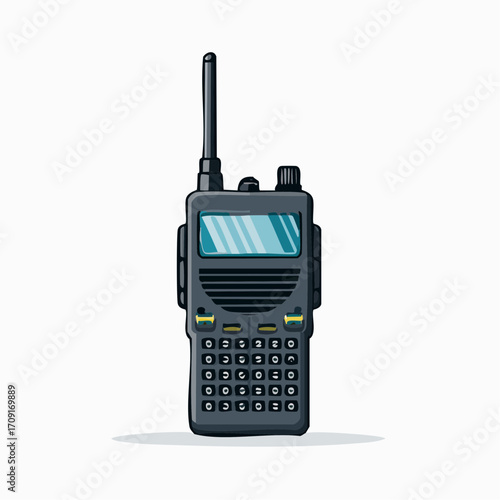 A detailed illustration of a handheld two-way radio communication device, isolated on white.