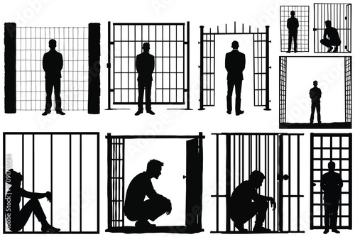 Silhouettes of men behind bars and gates person male
