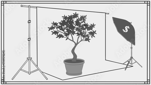 Studio Photography Setup with Potted Plant and Lighting Equipment.
