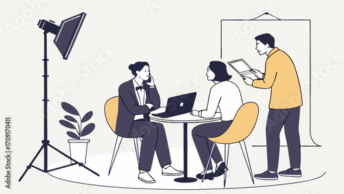 Studio photoshoot professionals meeting creative team collaboration modern workspace business discussion laptop documents lighting equipment design project interview photographic studio.