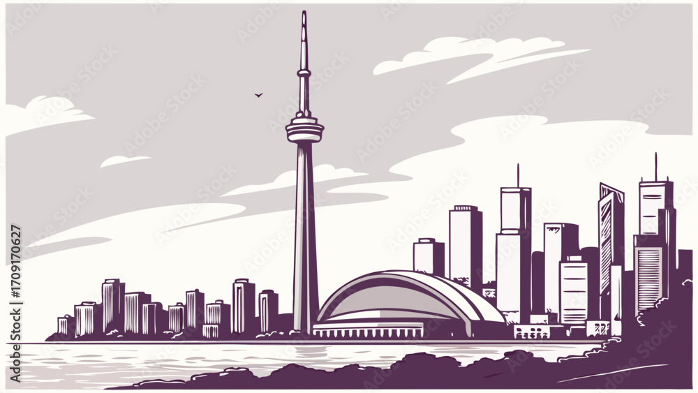 Obraz premium Stylized Cityscape Illustration with Tall Tower and Skyline Waterfront View Vector Art.