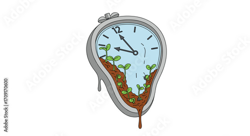 Surreal melting clock with vibrant green sprouts emerging from soil symbolizing growth and the passage of time in a dreamlike state, Generative AI.