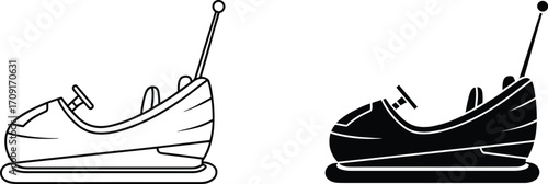 Set of bumper car vector illustrations, amusement park ride symbols, funfair attraction icons, carnival entertainment design, black and white silhouette line drawing