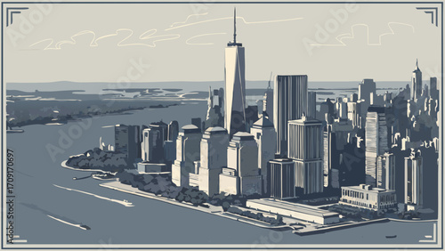 Stylized Cityscape Illustration Urban Skyline Aerial View Modern Architecture Downtown High-Rise Buildings Metropolis Business District Cityscape Background Travel Poster Vintage Style.