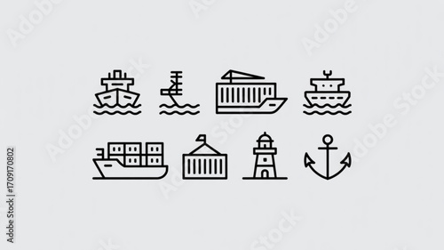 Maritime shipping industry icons set vector illustration of ships anchor lighthouse and cargo transport 100
