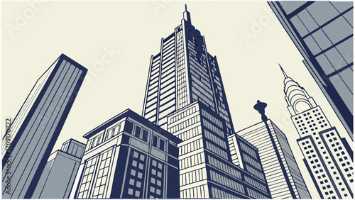 Stylized illustration of skyscrapers urban architecture city skyline modern buildings high-rise buildings downtown view.