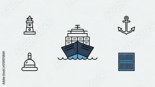 Shipping container ship freight transport maritime industry logistics supply chain global trade icon set vector