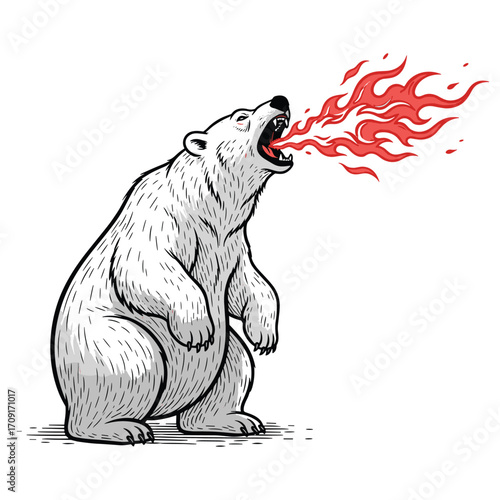 Vector Illustration of Bear Breathing Fire in Modern Edgy Style with Monochrome and Red Flames for Dynamic Design