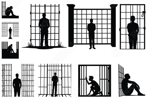 Silhouettes of men in various poses near prison bars