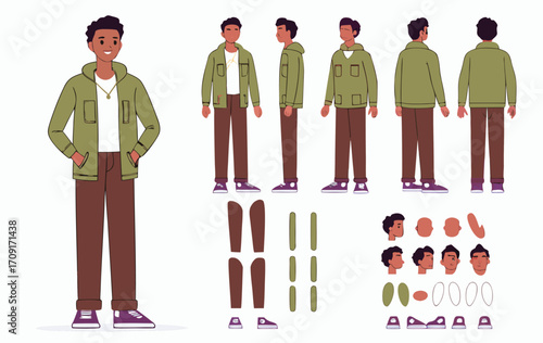 Casual boy character constructor for animation. Front, side and back view set. Body parts, postures, poses collection. Vector illustration. 
