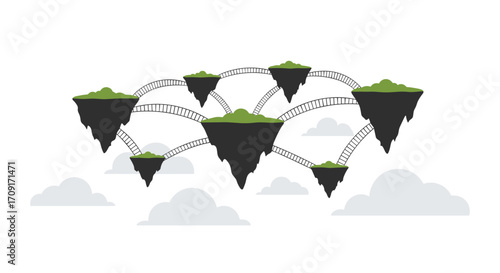 Whimsical floating islands connected by bridges create a fantastical landscape for imaginative projects and business concepts, Generative AI.