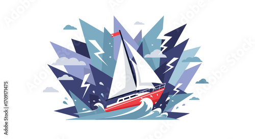 Resilient sailboat navigates stormy seas with lightning strikes and crashing waves symbolizing overcoming challenges and achieving goals, Generative AI.
