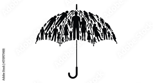 Diverse community protected by a symbolic umbrella representing safety unity and comprehensive coverage for all, Generative AI.