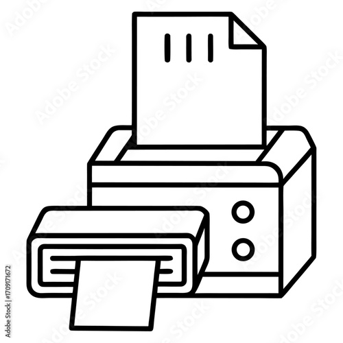 Black and white printer icon with paper being printed and paper ready document icon illustration