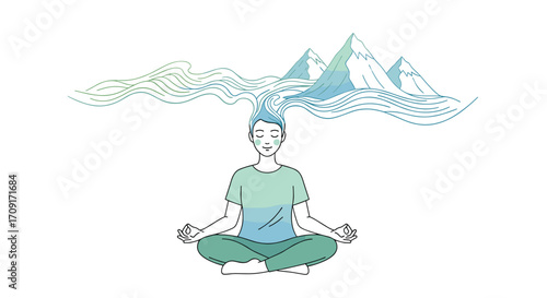 Serene individual meditating mind connecting with nature's vastness finding inner peace amidst flowing water and majestic mountains, Generative AI.
