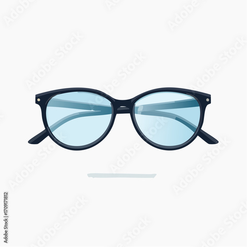 A front-facing illustration of a pair of black-rimmed eyeglasses with blue lenses, isolated on white.