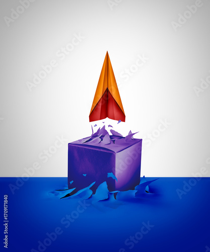 Foto Breaking Barriers and shattering through or overcoming challenges and surmounting difficulties as a box and paper airplane blasting out of a wall as a symbol to overcome obstacles