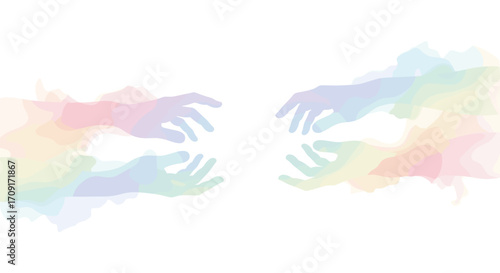 Gentle colorful outstretched hands reaching out in a gesture of connection and unity symbolizing hope and support, Generative AI.