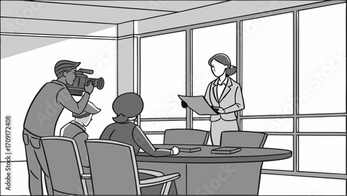 Press conference business meeting interview news report professional woman speaking journalists cameraman filming corporate event presentation discussion grayscale illustration vector.