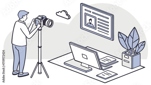 Professional Photographer Taking Pictures in Studio with Computer and Documents.