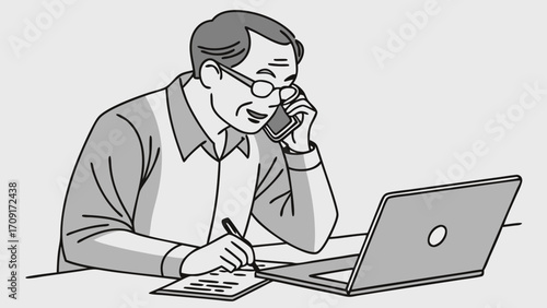 Senior Man Working on Laptop and Phone Taking Notes Illustration.