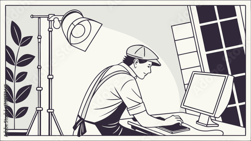 Studio Illustration Person Working on Computer with Lighting Equipment.