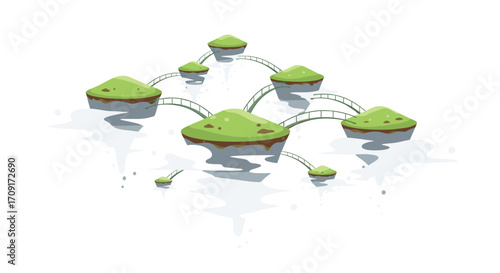 Whimsical floating islands connected by delicate bridges create a magical interconnected landscape for fantasy or abstract concepts, Generative AI.