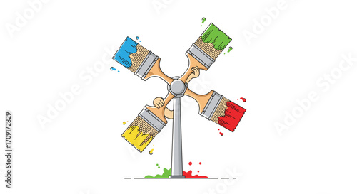 Vibrant windmill design powered by colorful paint brushes symbolizing creativity and innovation in artistic projects, Generative AI.