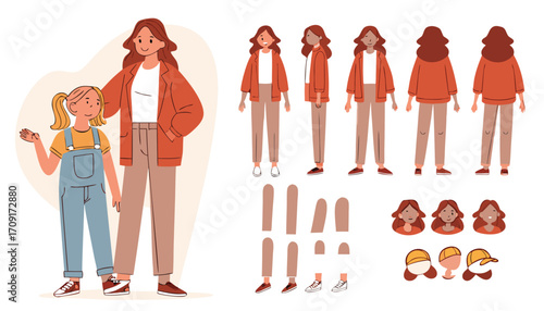 Mother with daughter characters. Constructor for animation. Front, side and back view set. Body parts, postures, poses collection. Vector illustration.