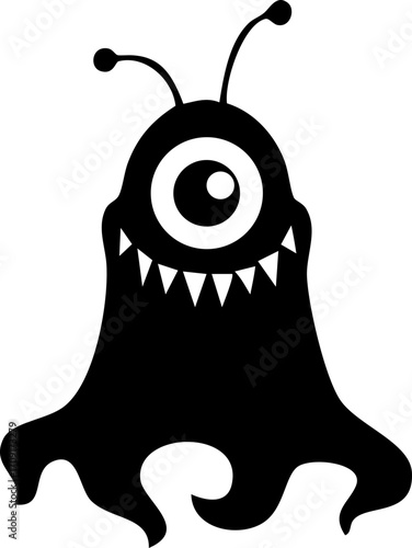 Black silhouette of a one-eyed alien monster with tentacles and antennae