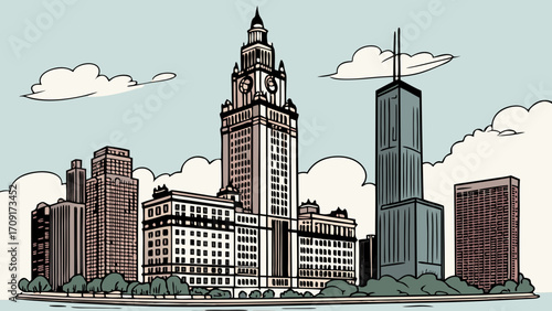 Urban Skyline Illustration Cityscape Drawing Modern and Classic Buildings Architectural Design Tower Skyscrapers Downtown View Cityscape Art Vector Illustration Building Facades City Ar.
